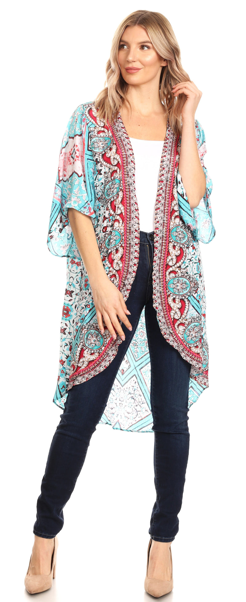 Sakkas Denora Women's Casual Draped Kimono Short Sleeve Boho Open Front Cardigan