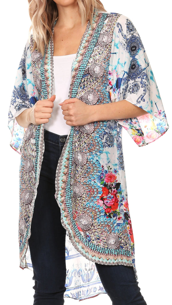 Sakkas Denora Women's Casual Draped Kimono Short Sleeve Boho Open Front Cardigan #color_WM236-Multi 