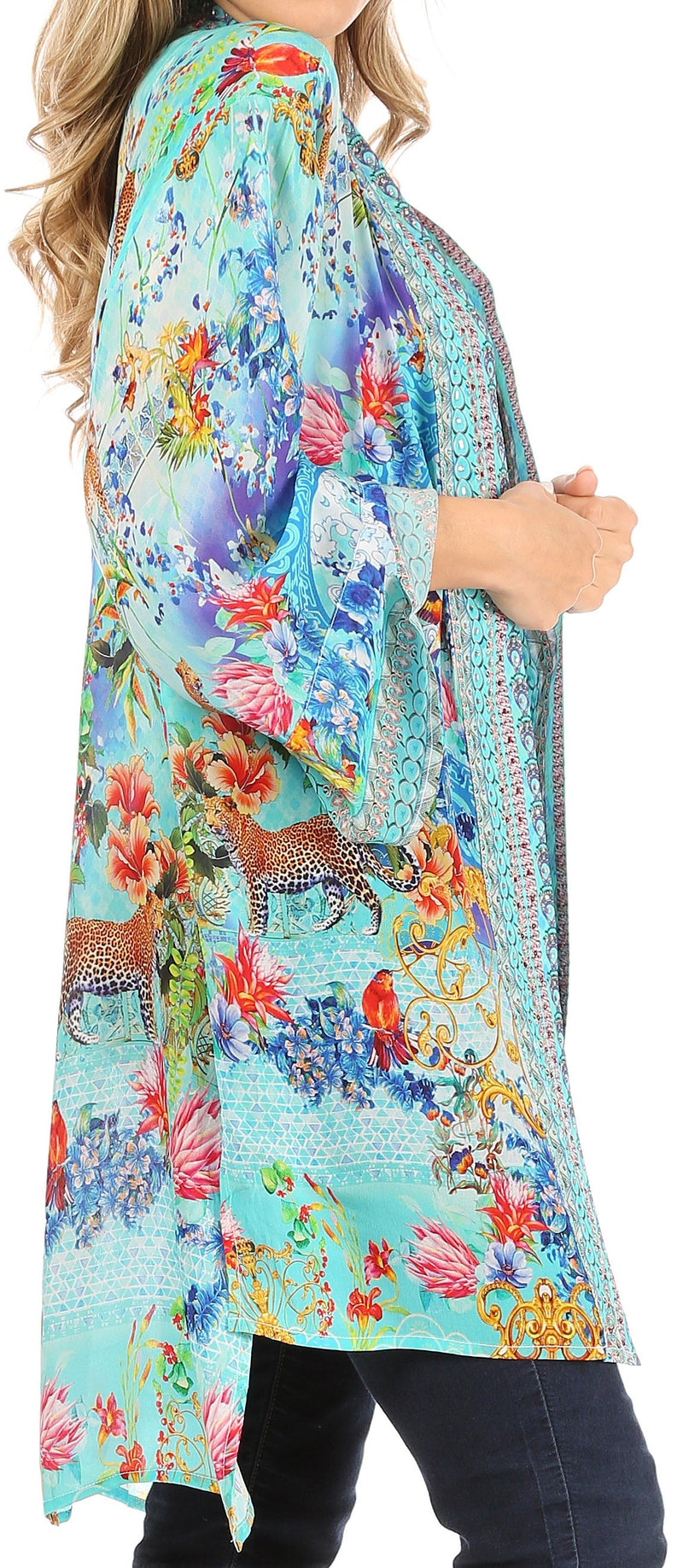 Sakkas Aremi Women Floral Printed Open Front Cardigan Top Boho Casual Short Sleeve