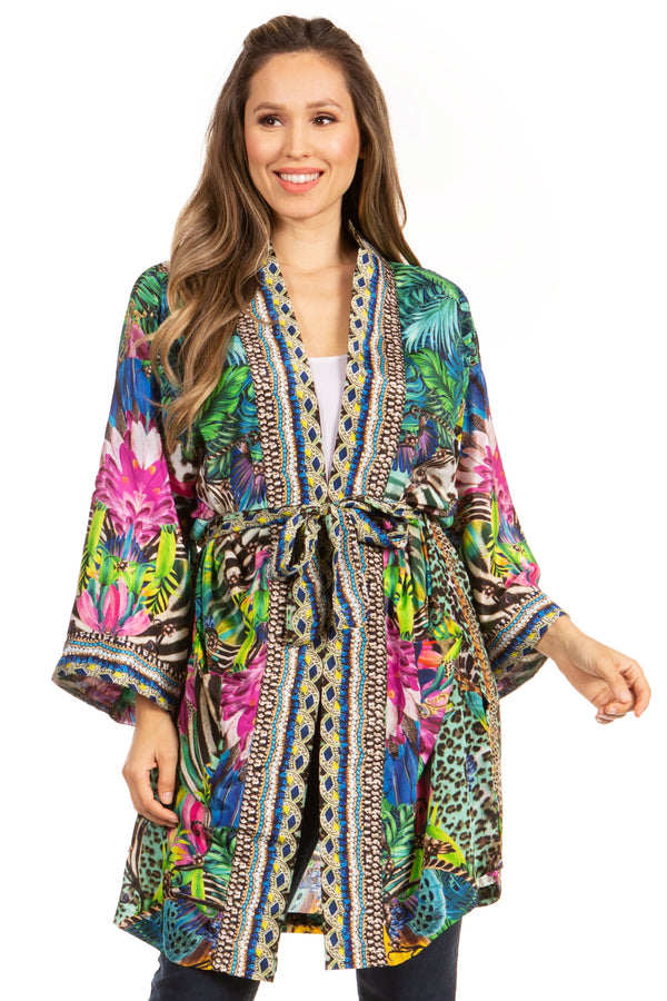 Sakkas Janis Women's Lightweight Open-Front Amazing Print Cardigan Sweater Pockets#color_592-Green