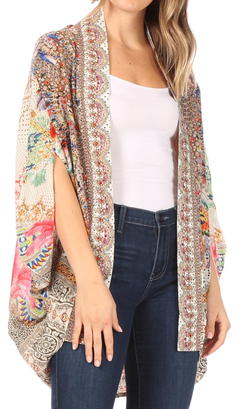 Sakkas Jenna Women's Casual Boho Sheer Kimono Loose Cardigan Cape Trendy Printed