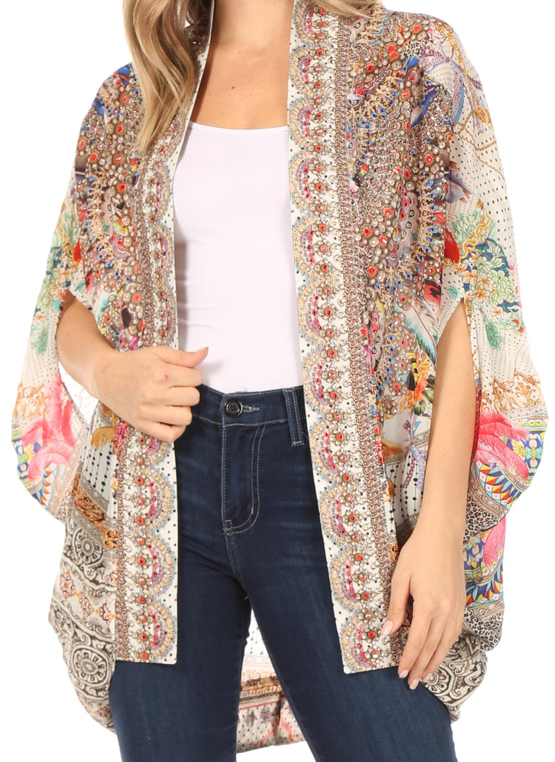 Sakkas Jenna Women's Casual Boho Sheer Kimono Loose Cardigan Cape Trendy Printed