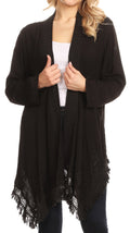 Sakkas Iris Womens Asymmetrical Cardigan Shrug Top with Embroidery and Fringe#color_Black