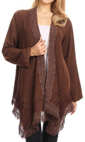 Sakkas Iris Womens Asymmetrical Cardigan Shrug Top with Embroidery and Fringe#color_Brown