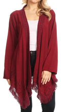 Sakkas Iris Womens Asymmetrical Cardigan Shrug Top with Embroidery and Fringe#color_Burgundy