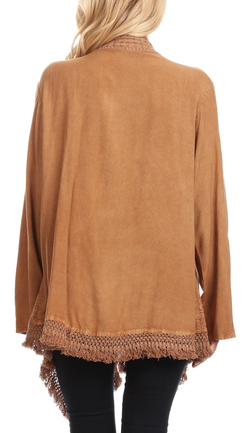 Sakkas Iris Womens Asymmetrical Cardigan Shrug Top with Embroidery and Fringe