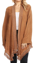 Sakkas Iris Womens Asymmetrical Cardigan Shrug Top with Embroidery and Fringe#color_Camel