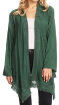 Sakkas Iris Womens Asymmetrical Cardigan Shrug Top with Embroidery and Fringe#color_ForestGreen
