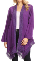 Sakkas Iris Womens Asymmetrical Cardigan Shrug Top with Embroidery and Fringe#color_Purple
