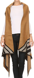 Sakkas Janeek Thick Warm Long Tapered Striped Multi Color Block Poncho Cape Wrap#color_Beige