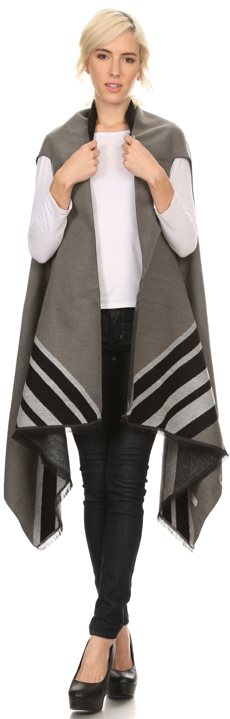 Sakkas Janeek Thick Warm Long Tapered Striped Multi Color Block Poncho Cape Wrap