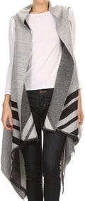Sakkas Janeek Thick Warm Long Tapered Striped Multi Color Block Poncho Cape Wrap#color_White