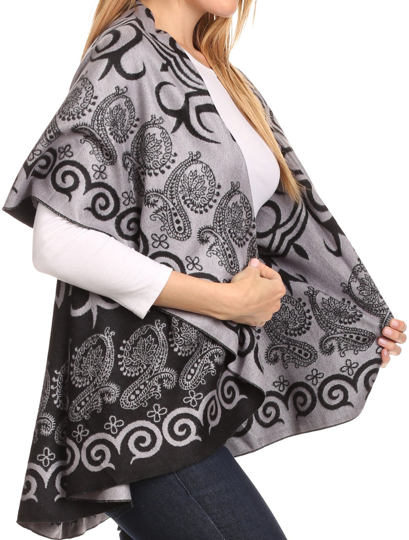 Sakkas Balie Reversable Printed Mid Weight Warm Poncho Throw Shawl / Cardigan