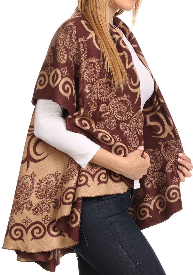 Sakkas Balie Reversable Printed Mid Weight Warm Poncho Throw Shawl / Cardigan