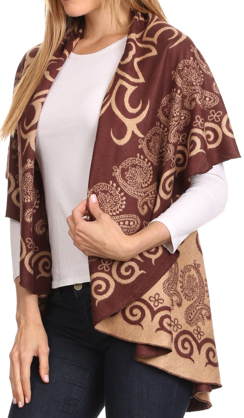 Sakkas Balie Reversable Printed Mid Weight Warm Poncho Throw Shawl / Cardigan