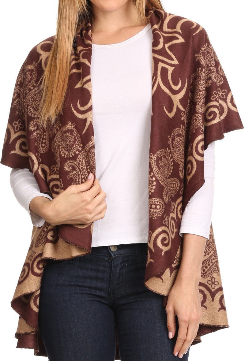 Sakkas Balie Reversable Printed Mid Weight Warm Poncho Throw Shawl / Cardigan