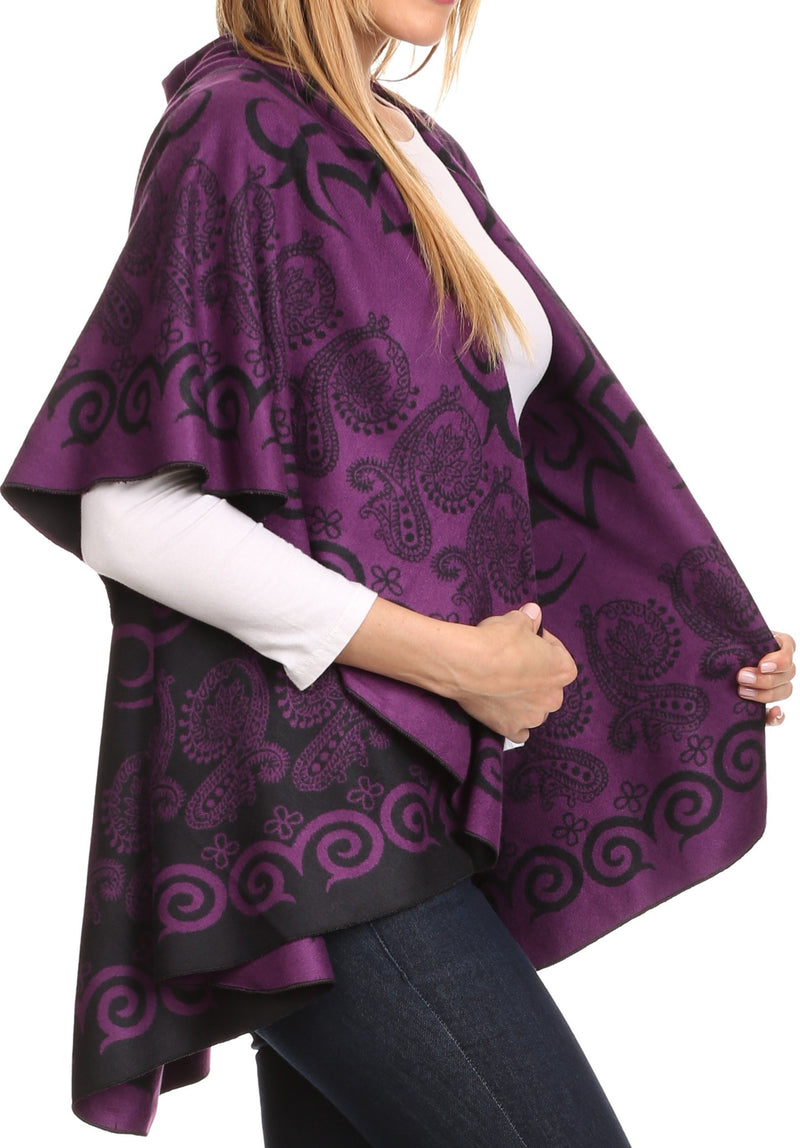 Sakkas Balie Reversable Printed Mid Weight Warm Poncho Throw Shawl / Cardigan