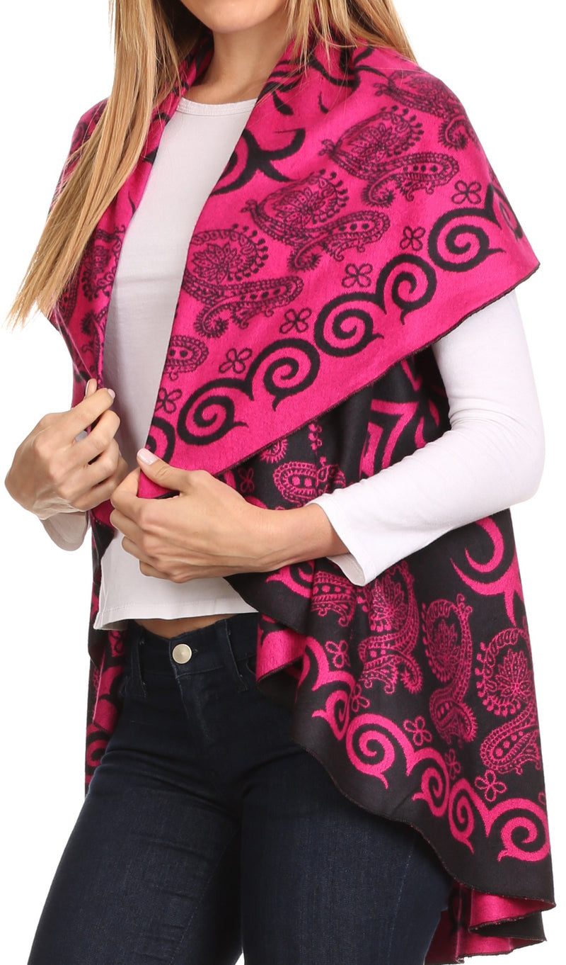 Sakkas Balie Reversable Printed Mid Weight Warm Poncho Throw Shawl / Cardigan