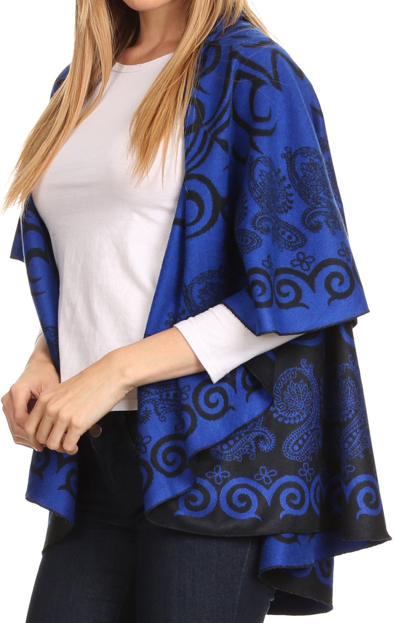 Sakkas Balie Reversable Printed Mid Weight Warm Poncho Throw Shawl / Cardigan