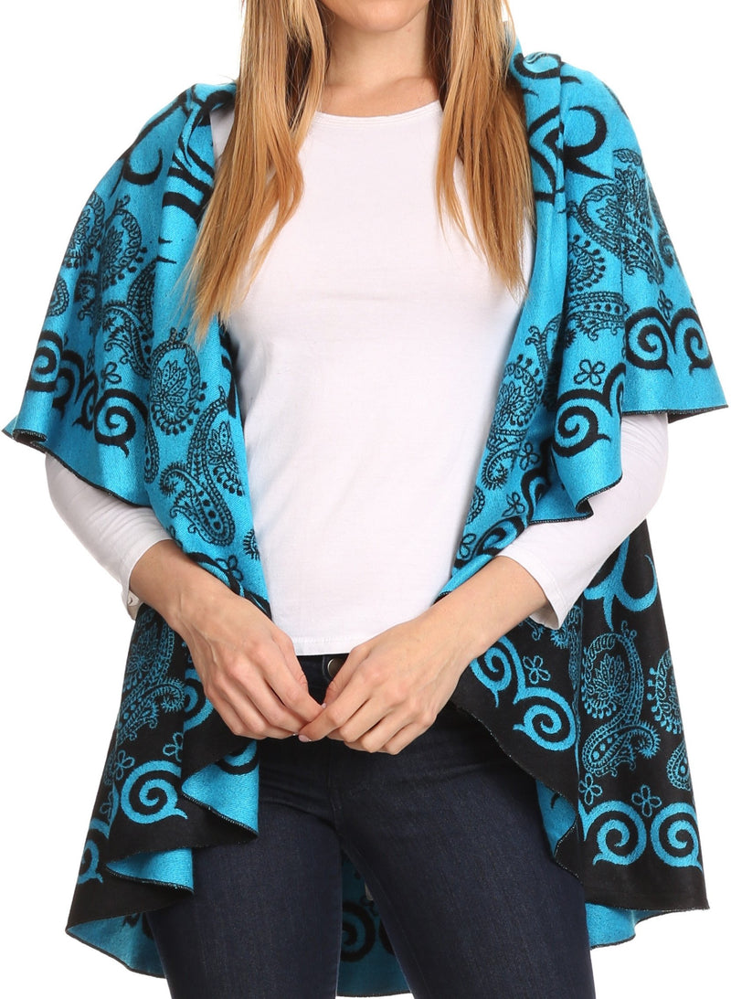 Sakkas Balie Reversable Printed Mid Weight Warm Poncho Throw Shawl / Cardigan