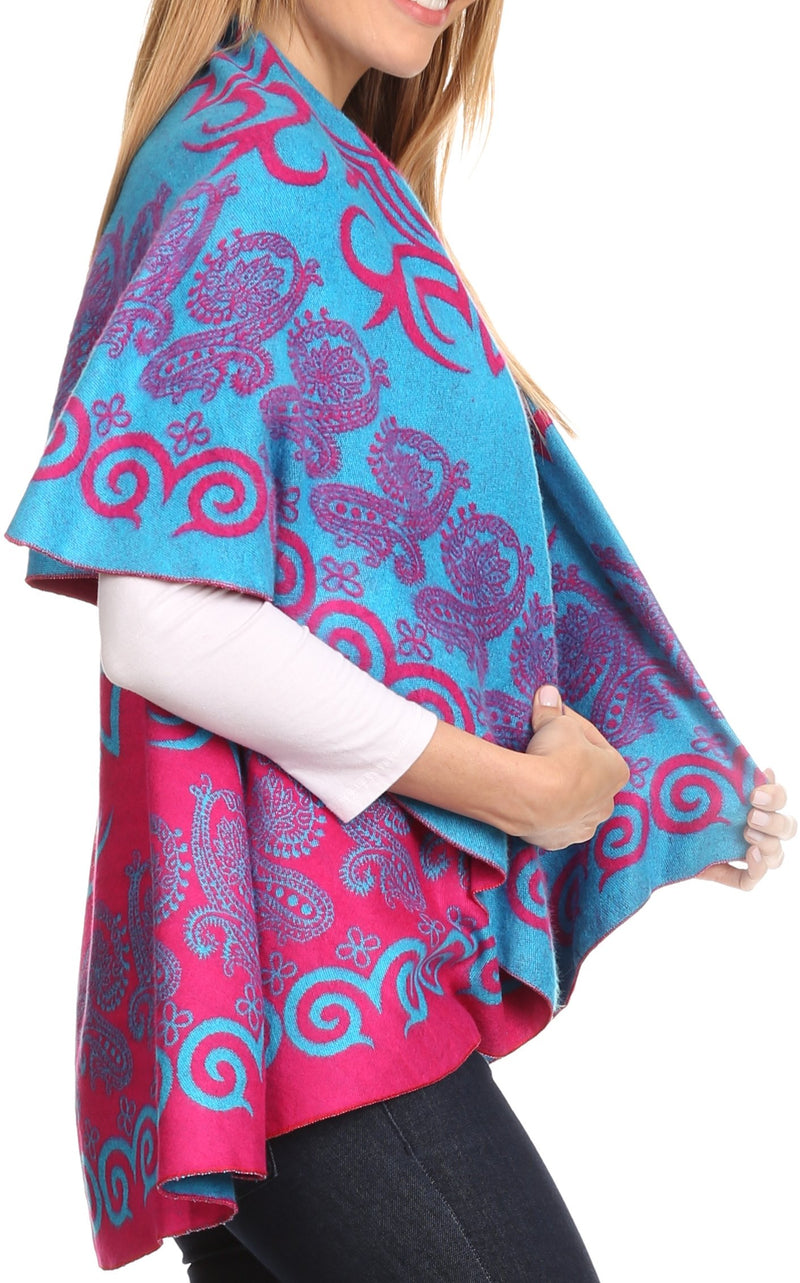 Sakkas Balie Reversable Printed Mid Weight Warm Poncho Throw Shawl / Cardigan