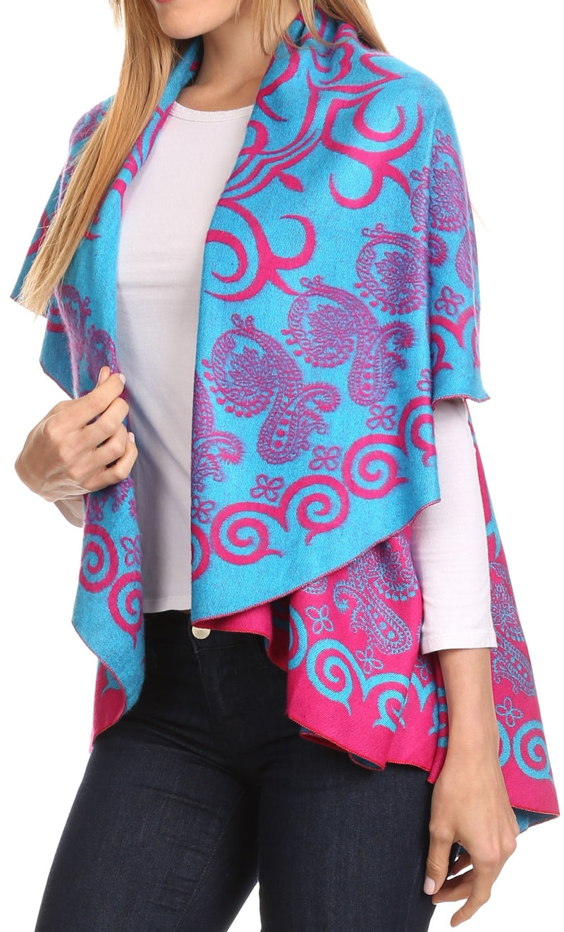 Sakkas Balie Reversable Printed Mid Weight Warm Poncho Throw Shawl / Cardigan