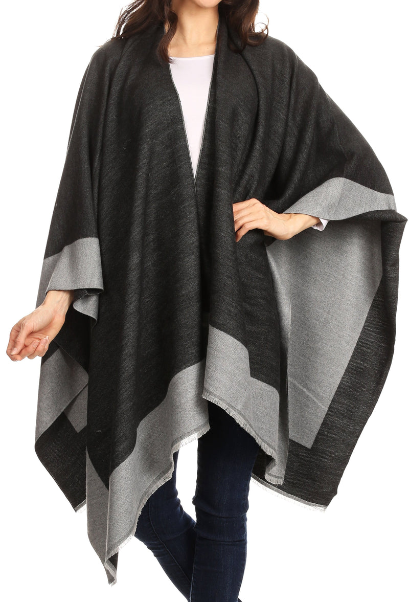 Sakkas Nila Women's Reversible Open Front Large Poncho Shawl Wrap Scarf Cape Ruana