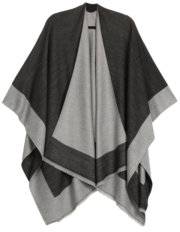 Sakkas Nila Women's Reversible Open Front Large Poncho Shawl Wrap Scarf Cape Ruana#color_Black