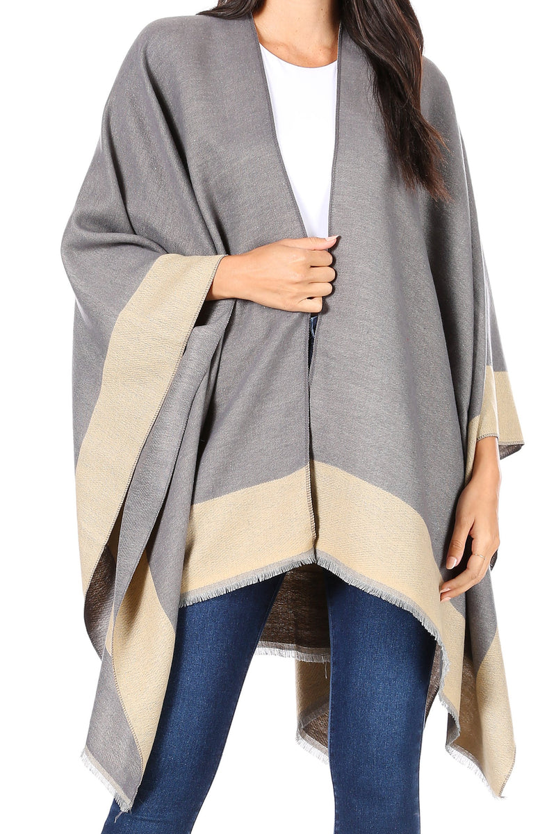 Sakkas Nila Women's Reversible Open Front Large Poncho Shawl Wrap Scarf Cape Ruana