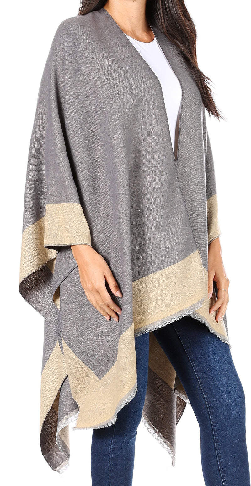 Sakkas Nila Women's Reversible Open Front Large Poncho Shawl Wrap Scarf Cape Ruana