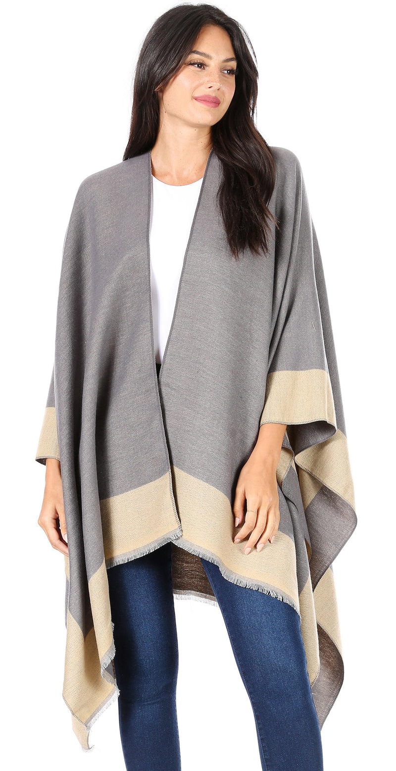 Sakkas Nila Women's Reversible Open Front Large Poncho Shawl Wrap Scarf Cape Ruana