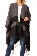 Sakkas Avi Women's Reversible Open Front Poncho Cardigan Ruana Cape Shawl W/Fringe#color_BorderBlack