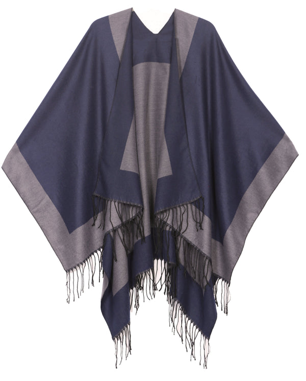 Sakkas Avi Women's Reversible Open Front Poncho Cardigan Ruana Cape Shawl W/Fringe#color_BorderBlue