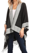 Sakkas Avi Women's Reversible Open Front Poncho Cardigan Ruana Cape Shawl W/Fringe#color_BorderCharcoal