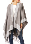 Sakkas Avi Women's Reversible Open Front Poncho Cardigan Ruana Cape Shawl W/Fringe#color_BorderGrey