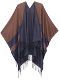 Sakkas Avi Women's Reversible Open Front Poncho Cardigan Ruana Cape Shawl W/Fringe#color_ColorBlockBlue