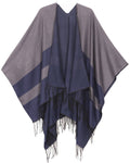 Sakkas Avi Women's Reversible Open Front Poncho Cardigan Ruana Cape Shawl W/Fringe#color_ColorBlockGrey