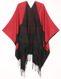 Sakkas Avi Women's Reversible Open Front Poncho Cardigan Ruana Cape Shawl W/Fringe#color_ColorBlockRed