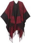 Sakkas Avi Women's Reversible Open Front Poncho Cardigan Ruana Cape Shawl W/Fringe#color_GinghamRed