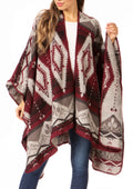 Sakkas Lupe Womens Reversible Poncho Wrap Cape Shawl Sweater Coat Cardigan Pattern#color_AztecBurgundy