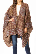 Sakkas Lupe Womens Reversible Poncho Wrap Cape Shawl Sweater Coat Cardigan Pattern#color_HoundstoothBrown