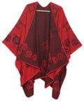 Sakkas Lupe Womens Reversible Poncho Wrap Cape Shawl Sweater Coat Cardigan Pattern#color_RoseBurgundyBlack