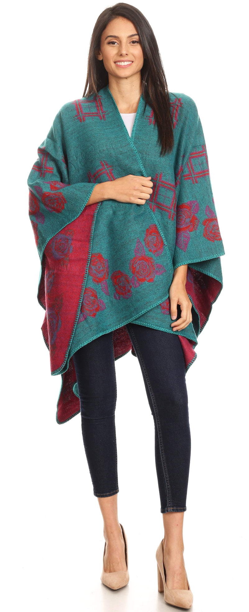 Sakkas Lupe Womens Reversible Poncho Wrap Cape Shawl Sweater Coat Cardigan Pattern