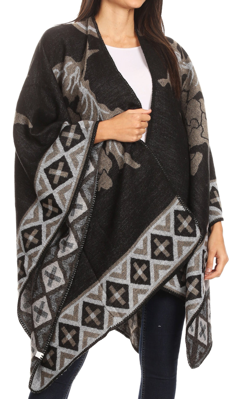 Sakkas Lupe Womens Reversible Poncho Wrap Cape Shawl Sweater Coat Cardigan Pattern