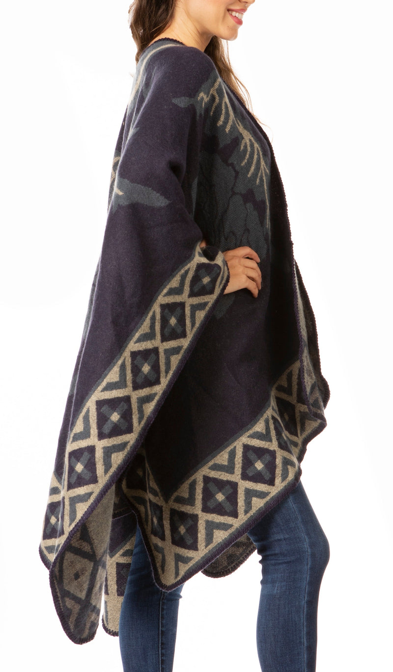 Sakkas Lupe Womens Reversible Poncho Wrap Cape Shawl Sweater Coat Cardigan Pattern