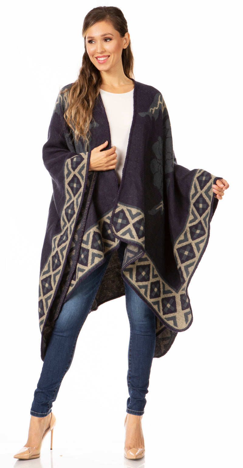 Sakkas Lupe Womens Reversible Poncho Wrap Cape Shawl Sweater Coat Cardigan Pattern