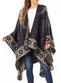 Sakkas Lupe Womens Reversible Poncho Wrap Cape Shawl Sweater Coat Cardigan Pattern#color_TileBlue
