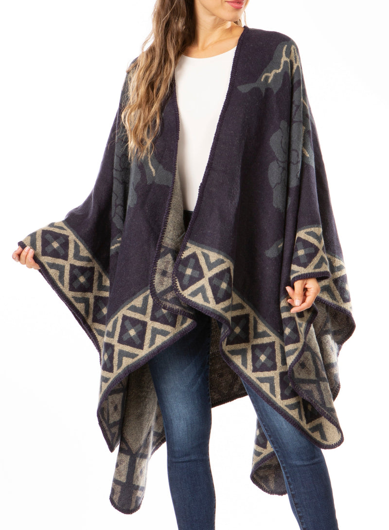 Sakkas Lupe Womens Reversible Poncho Wrap Cape Shawl Sweater Coat Cardigan Pattern