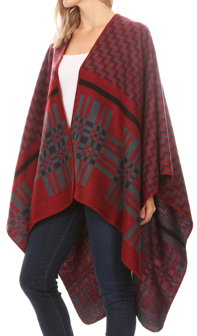 Sakkas Lupe Womens Reversible Poncho Wrap Cape Shawl Sweater Coat Cardigan Pattern