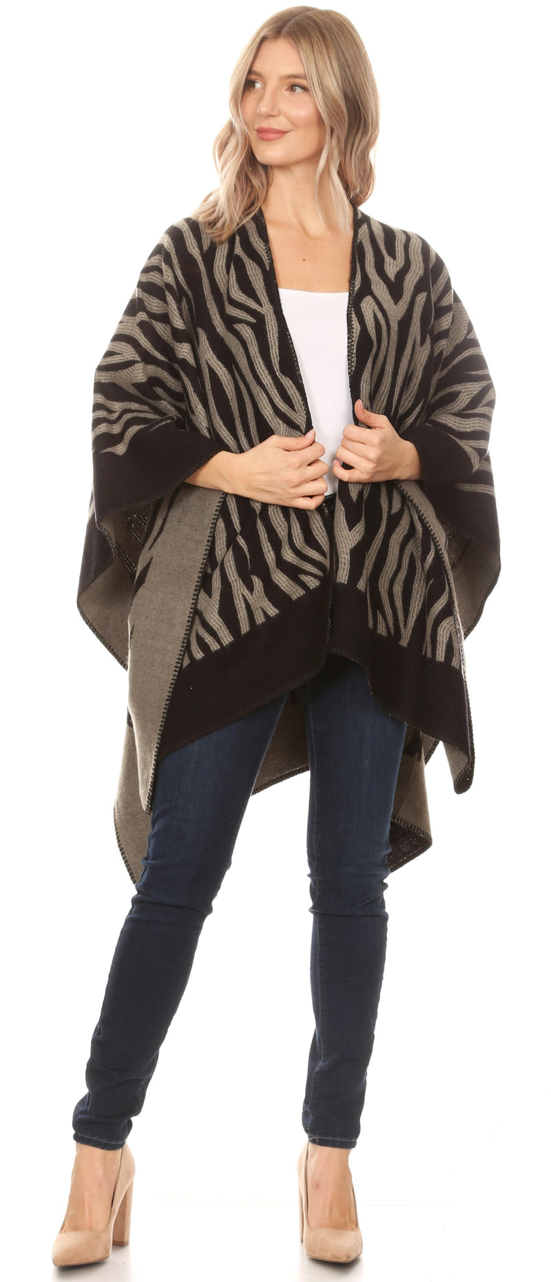 Sakkas Lupe Womens Reversible Poncho Wrap Cape Shawl Sweater Coat Cardigan Pattern